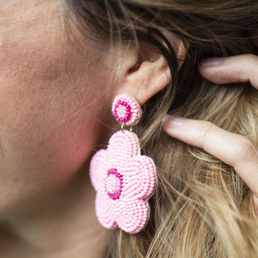 Multi Pink Beaded Post With Multi Pink Beaded Flower Earrings