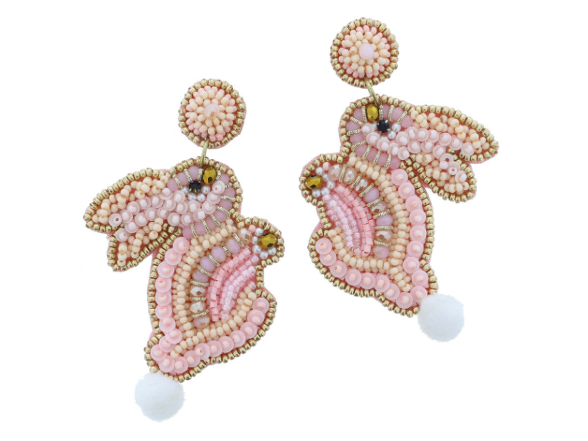 Light Pink, Peach, Gold Beaded Bunny With White Pom Tail Earrings