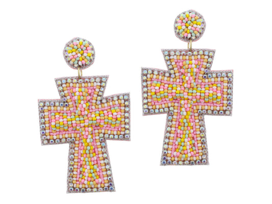 AB Crystal Lined And Multi Beaded Post And Cross Earrings