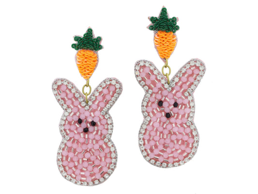 Mini Sequin Carrot Post With Clear Crystal Lined Light Pink Beaded Bunny Earrings