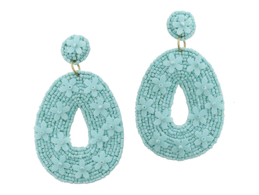 Mint Blue Beaded Post And Open Oval With Mint Blue Flower Sequins Earrings