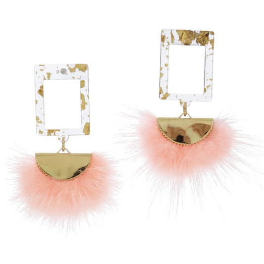 Gold Resin Open Rectangle Post & Gold Half Circle with Peach Feathers Earrings