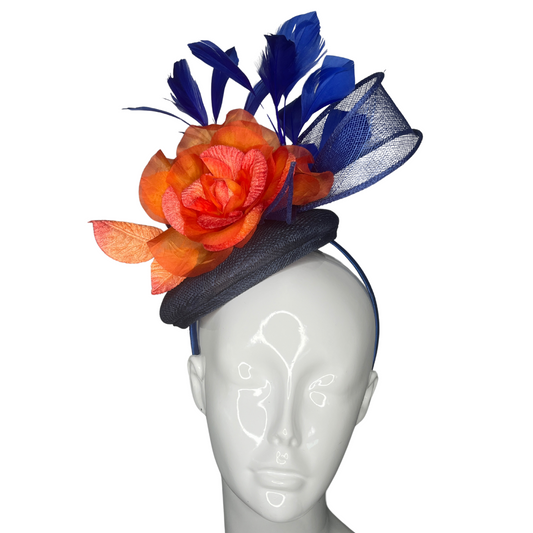 Fiery Elegance – Navy & Orange Fascinator