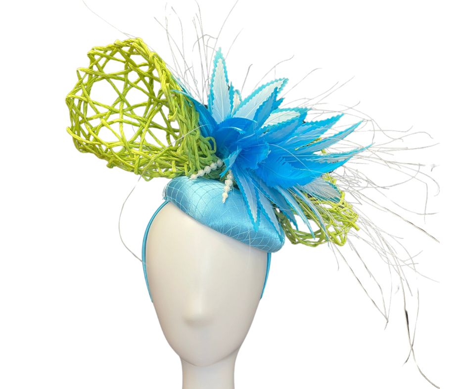 Kentucky Derby Handcrafted Lime Green and Blue Fascinator Hat Blue Feathers