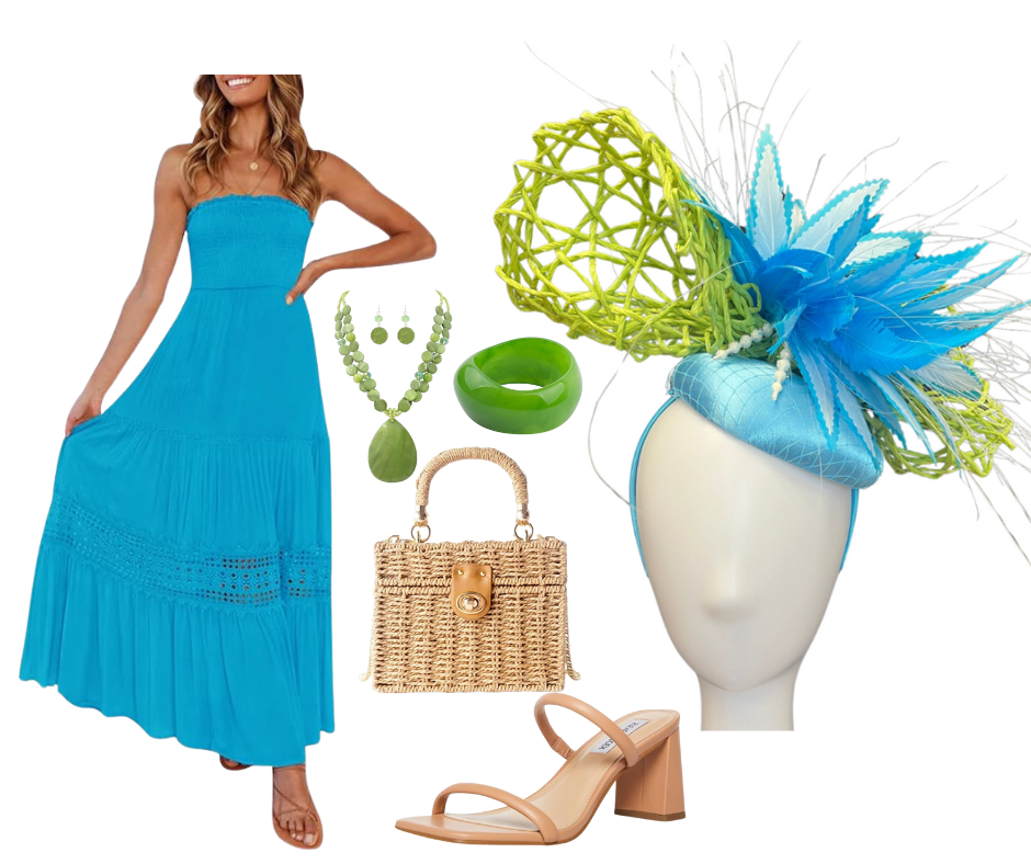 Kentucky Derby Handcrafted Lime Green and Blue Fascinator Hat Blue Feathers