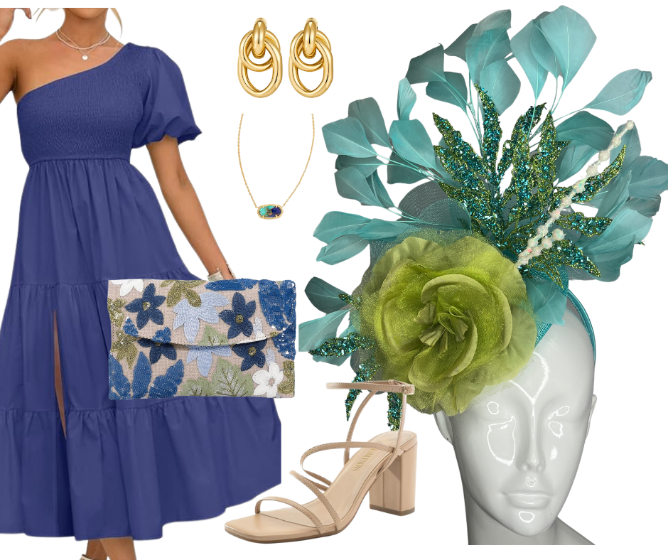 Mint Feathers and Green Floral with Blue Embellishing Fascinator Hat