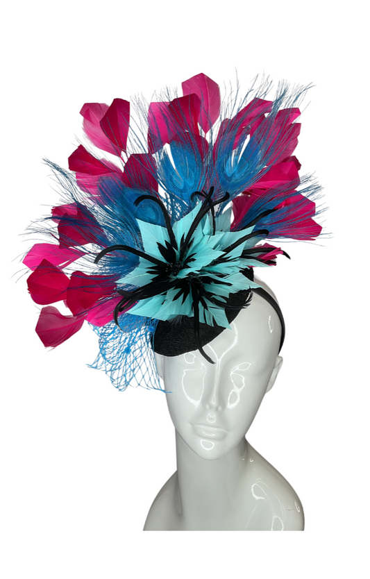 Turquoise Feather Flower and Hot Pink Feathers  Fascinator Hat