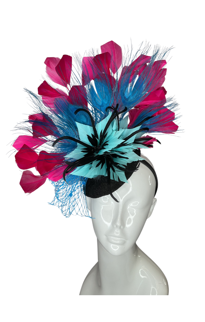 Turquoise Feather Flower and Hot Pink Feathers  Fascinator Hat