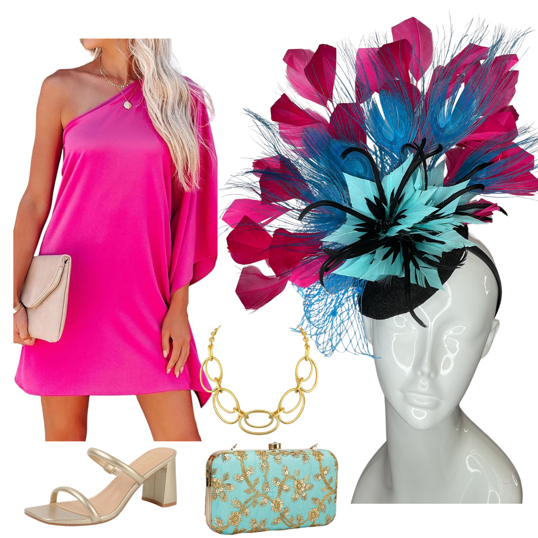 Turquoise Feather Flower and Hot Pink Feathers  Fascinator Hat