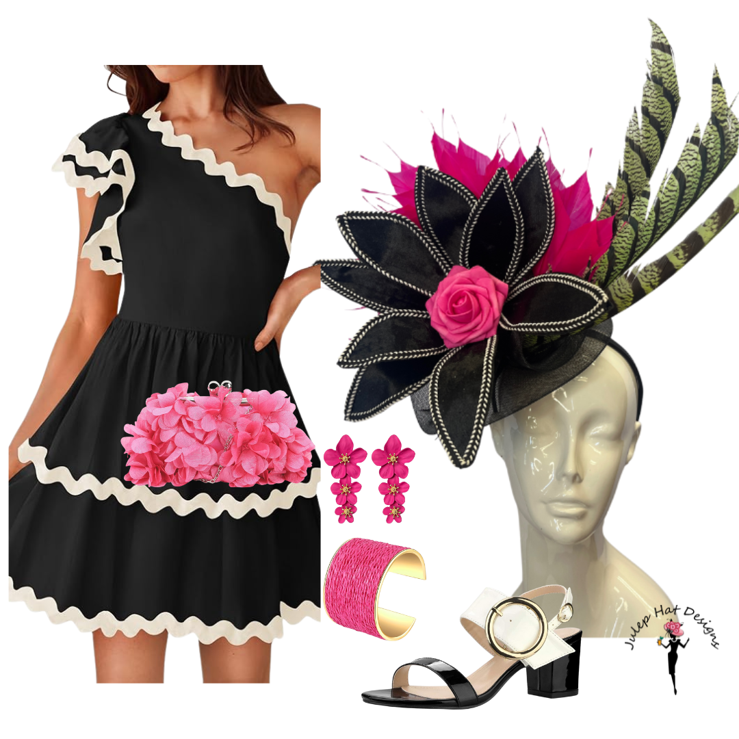 Black, Hot Pink, and Green Pheasant Feather Fascinator Hat