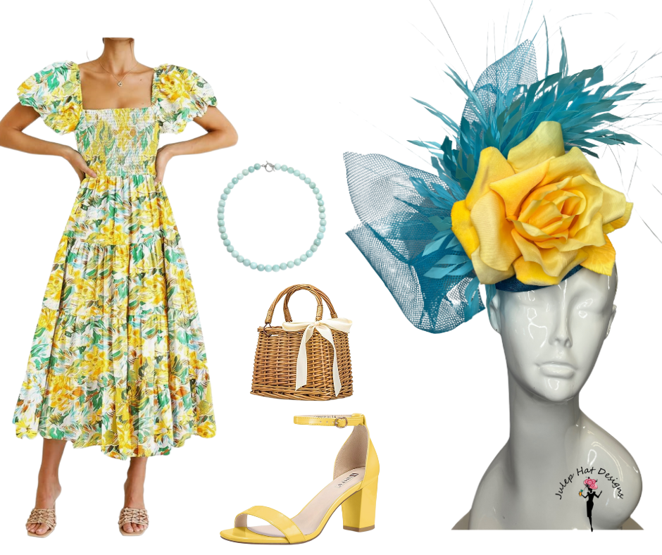 Turquoise Blue and Yellow Rose Fascinator Hat