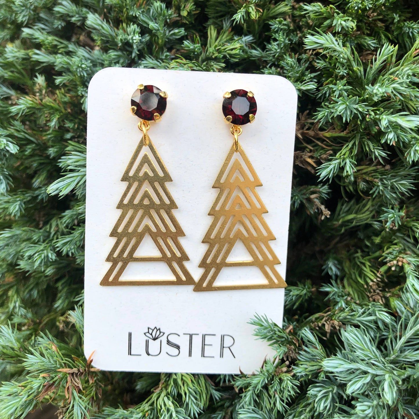 Brass Holiday Tree Dangle Statement Earrings: Red Crystal