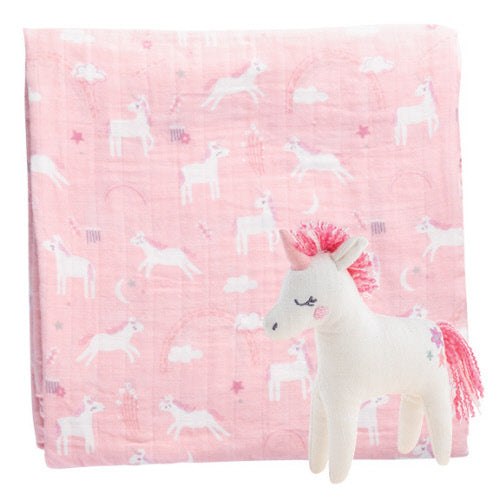 Muslin Blanket and Stuffed Animal Unicorn