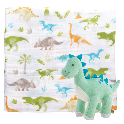 Muslin Blanket and Stuffed Animal Dinosaur