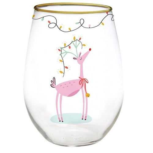 Pink Reindeer Stemless Wine Glass