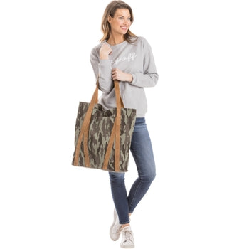 Camo Printed Tote Bag with Leather Straps