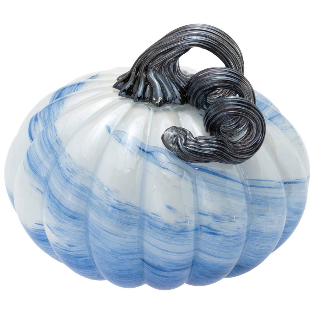 Small White Blue Swirl Glass Pumpkin