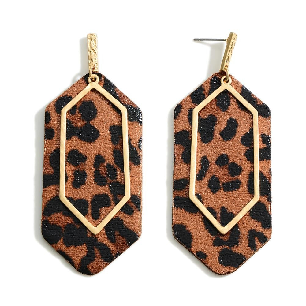Post Drop Animal Print Earrings with Gold Overlay- Dark Brown