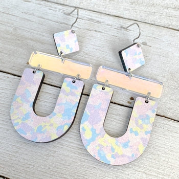 Pink Lavender Yellow & Clear Iridescent Arch Wood Earrings