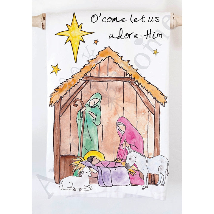 Oh Come Let Us Adore Him Nativity Tea Towel