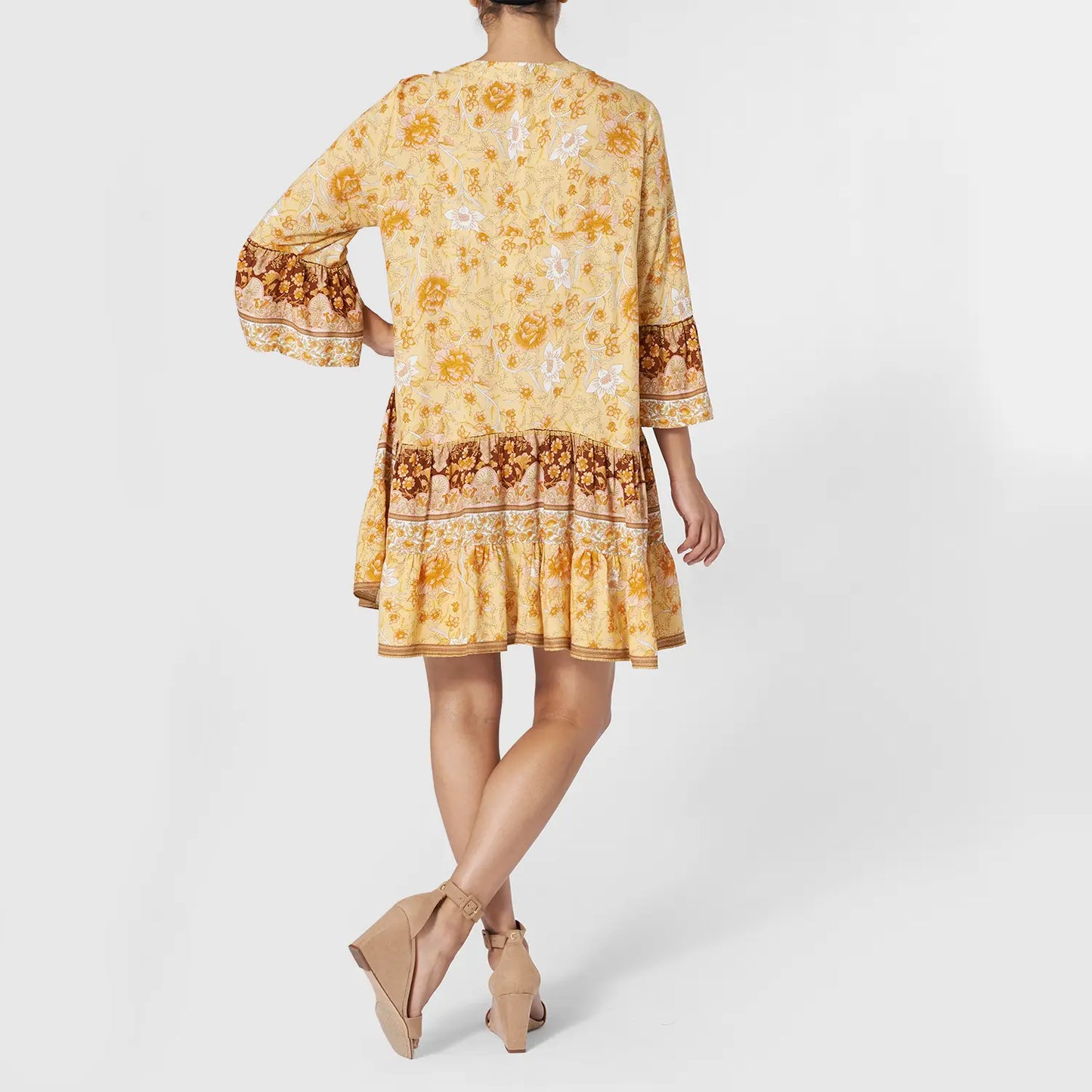 Payton Ruffle Sleeve Dress - Mustard Floral Print