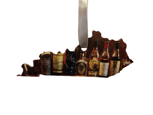 Kentucky Shaped Bourbon Bottles Wooden Ornament
