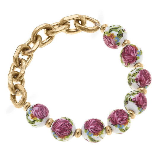 Taley Porcelain Rose & Chain Link Bracelet in Worn Gold