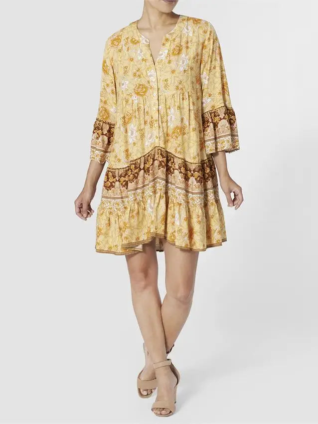 Payton Ruffle Sleeve Dress - Mustard Floral Print
