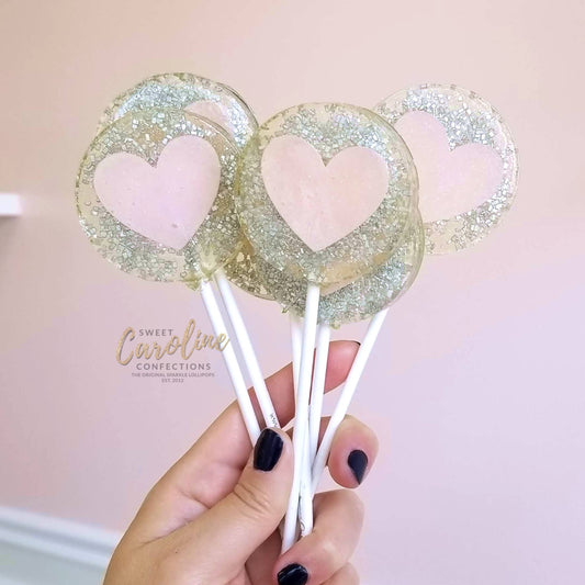 Silver & Pink Heart Lollipops, Champagne Flavor