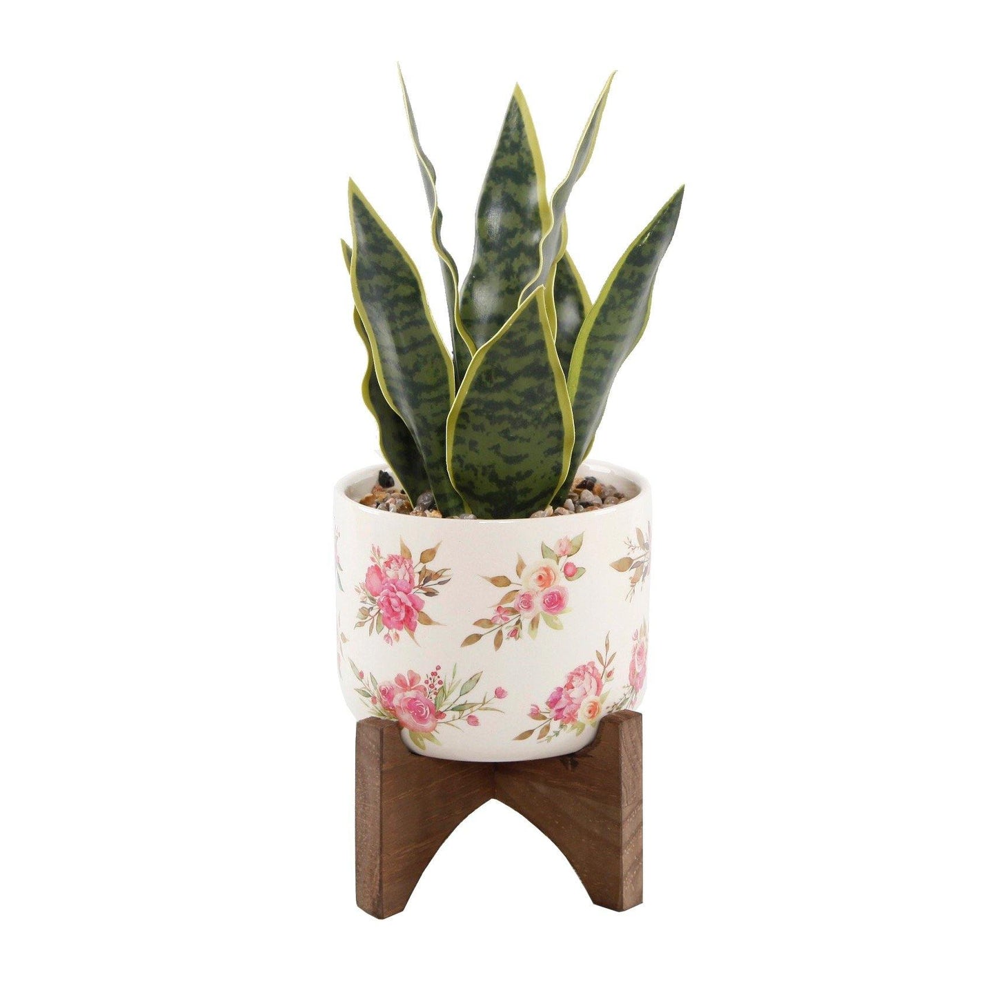 Artificial Snake Plant in Floral Ceramic on Wood Stand - Pink Julep Boutique