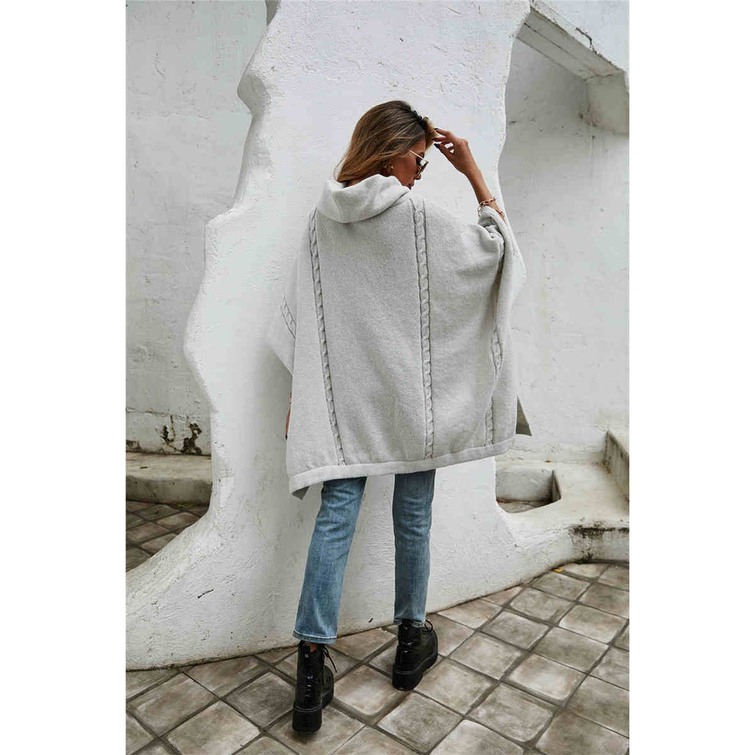 Cable Knit Poncho Sweater- Gray