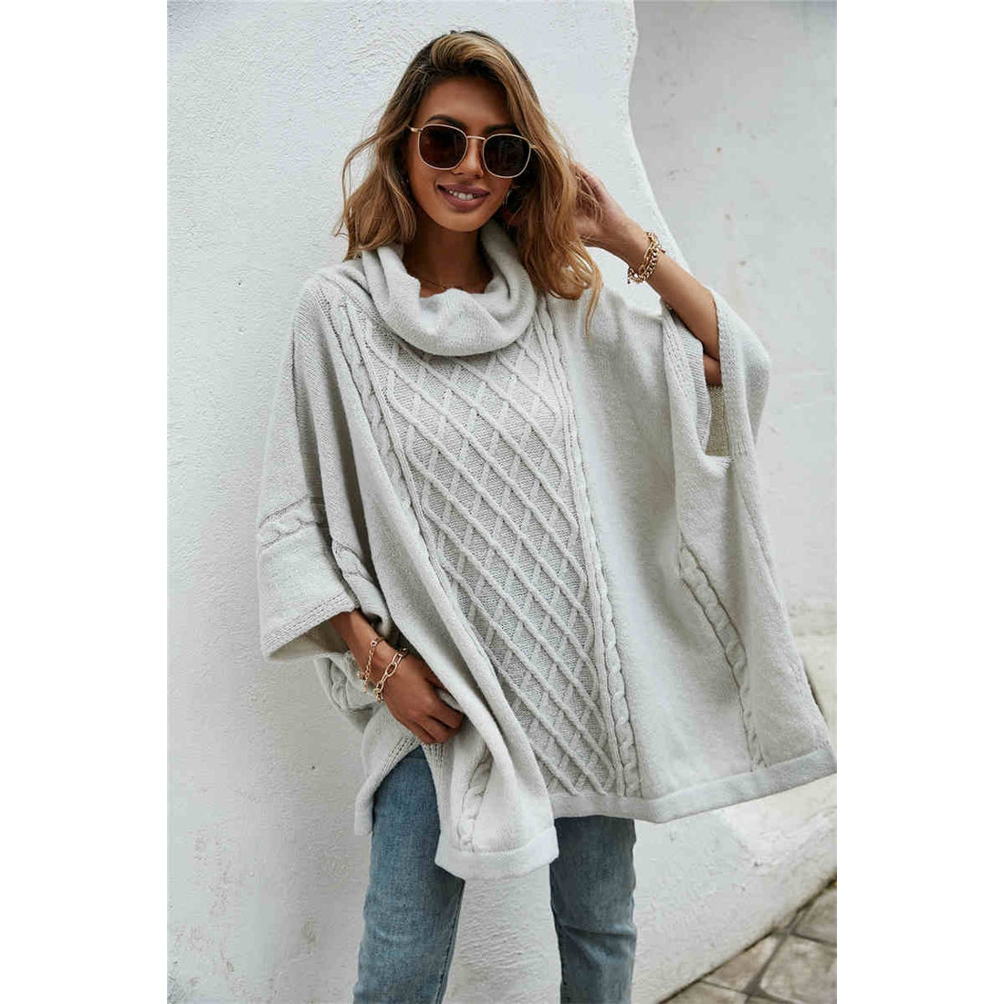 Cable Knit Poncho Sweater- Gray