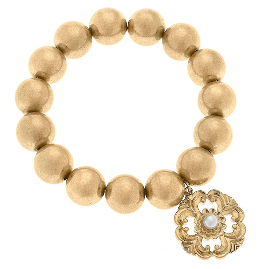 Marquette Acanthus & Pearl Charm Beaded Stretch Bracelet in Worn Gold
