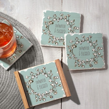Country Life Absorbent Stone Coaster Set of 4 in Wooden Holder