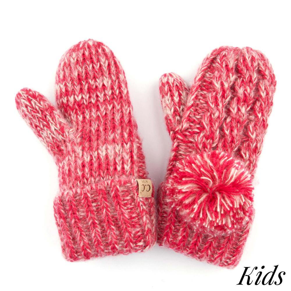 Kid's C.C Two Tone Pom Gloves with Fuzzy Lining- Hot Pink - Pink Julep Boutique