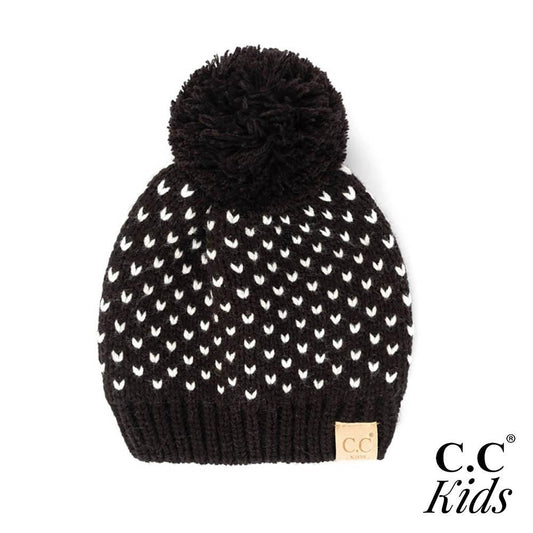 CC Kid's Speckled Chenille Knit Pom Beanie- Ivory/Black