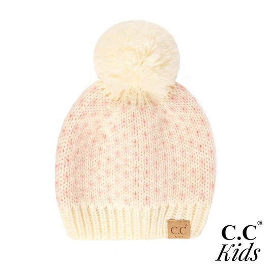 CC Kid's Speckled Chenille Knit Pom Beanie- Ivory/Pink