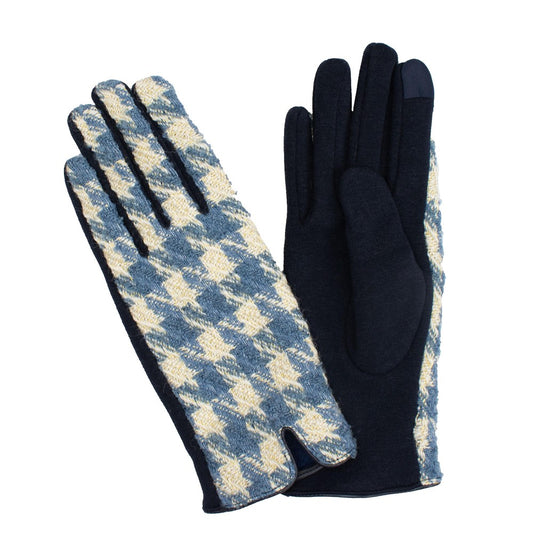 Blue Houndstooth Knit Smart Touch Gloves