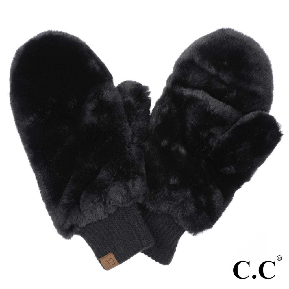 C.C Black Faux Fur Pop-Top Mittens