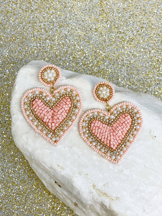 Rhinestone & Pearl Beaded Heart Dangle Earrings