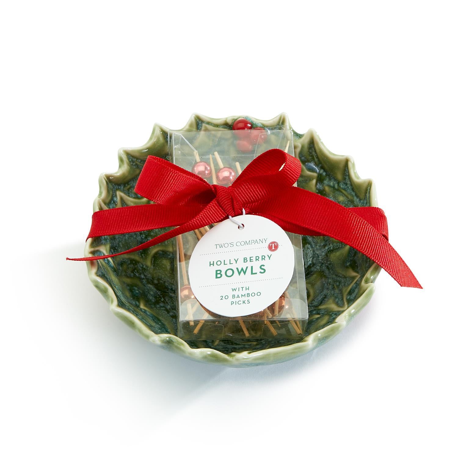 Holly Leaves And Berries Tidbit Dish With Bamboo Sticks- Assorted 2 Sizes
