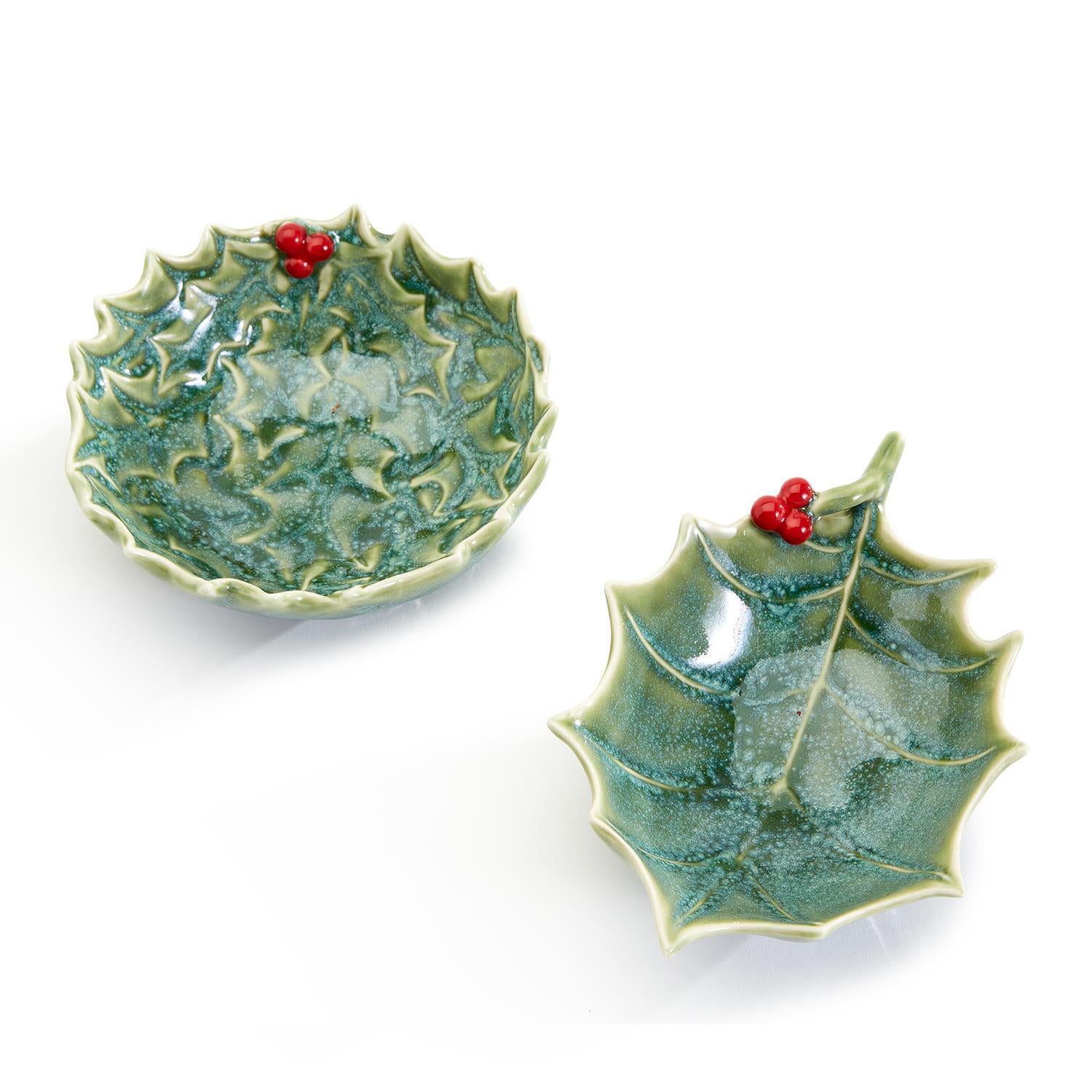 Holly Leaves And Berries Tidbit Dish With Bamboo Sticks- Assorted 2 Sizes