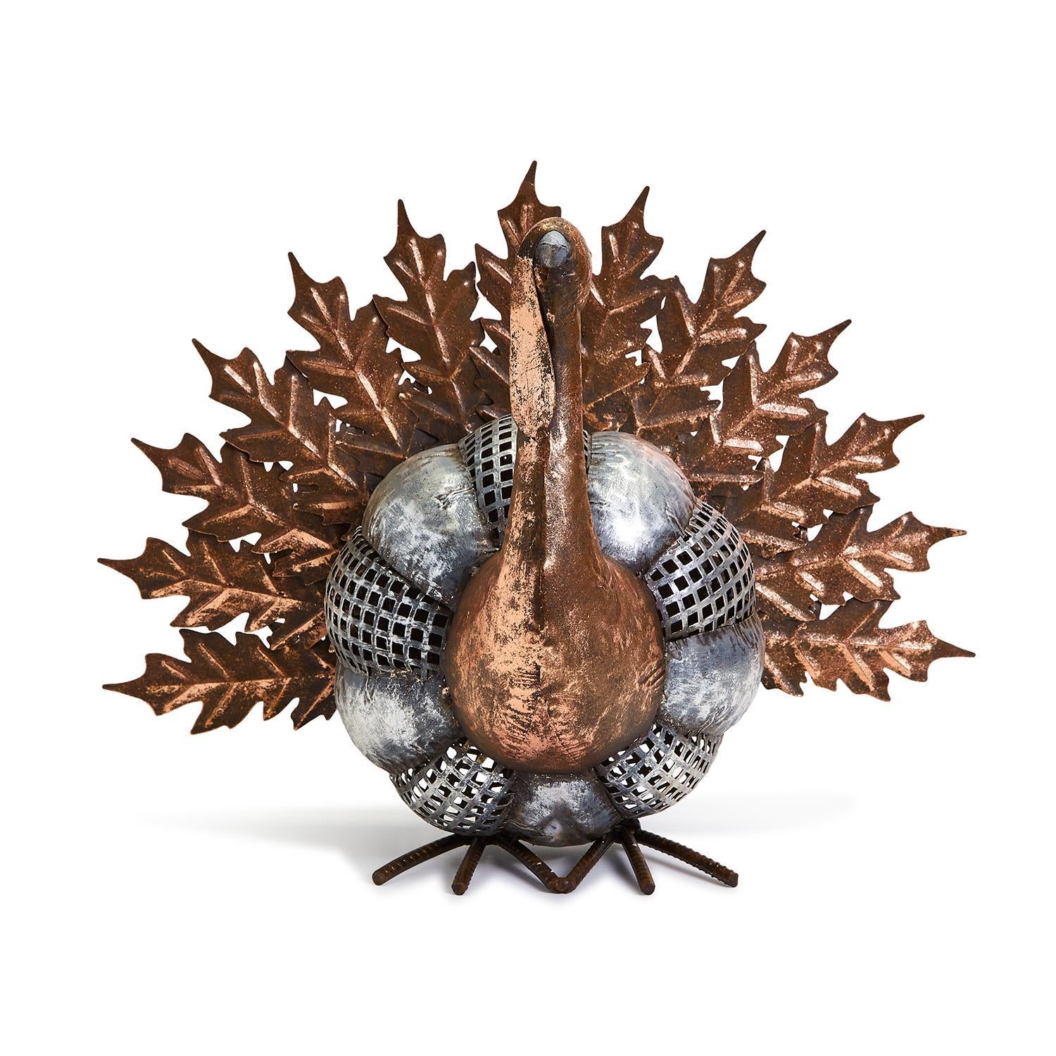 Hand-Crafted Galvanized Metal Turkey with Metallic Leaf Accent