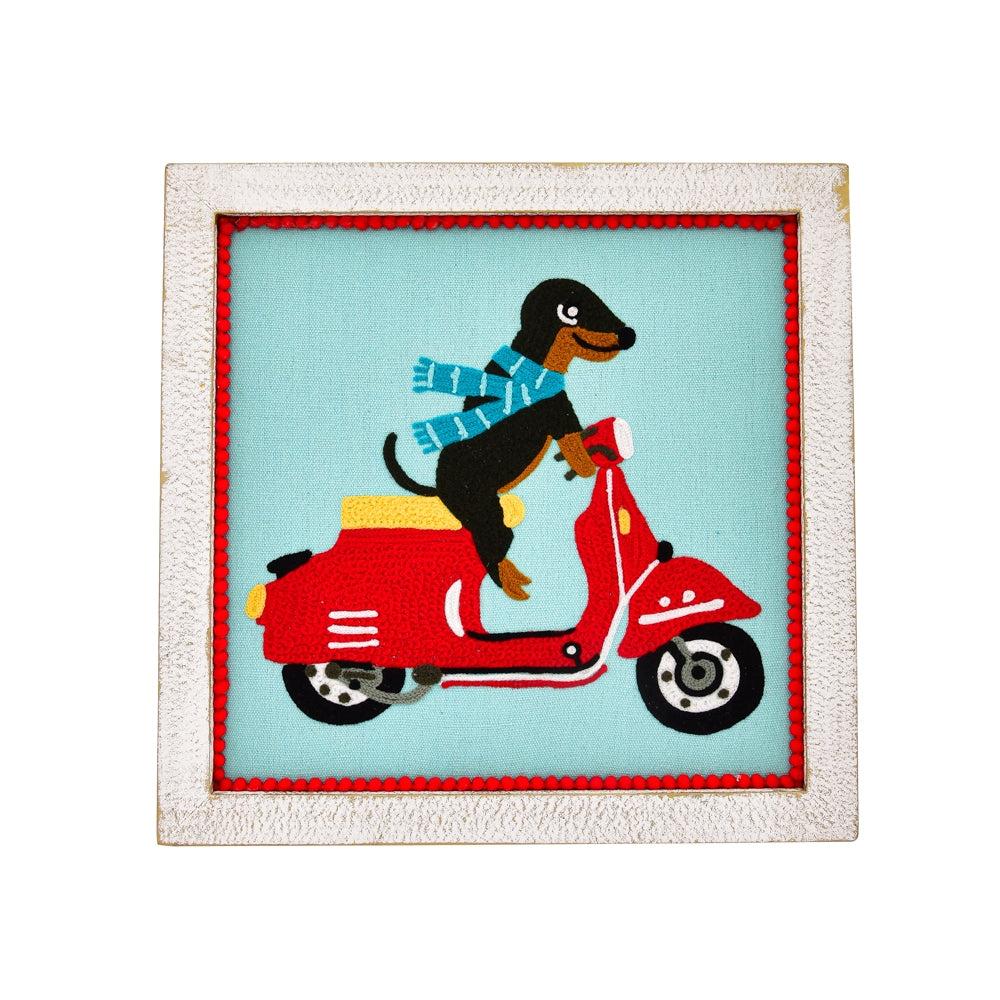 Dachshund Dog in Red Moped Embroidery Wall Decor