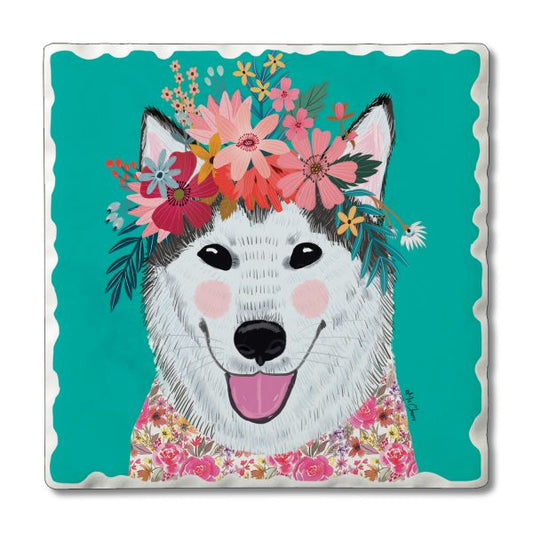 Single Tile Coaster – Floral Pets-Husky