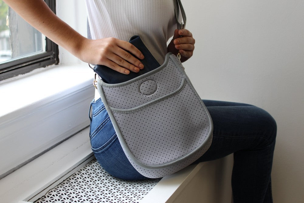 Silver Perforated Neoprene Mini Messenger Bag - Strap Not Included