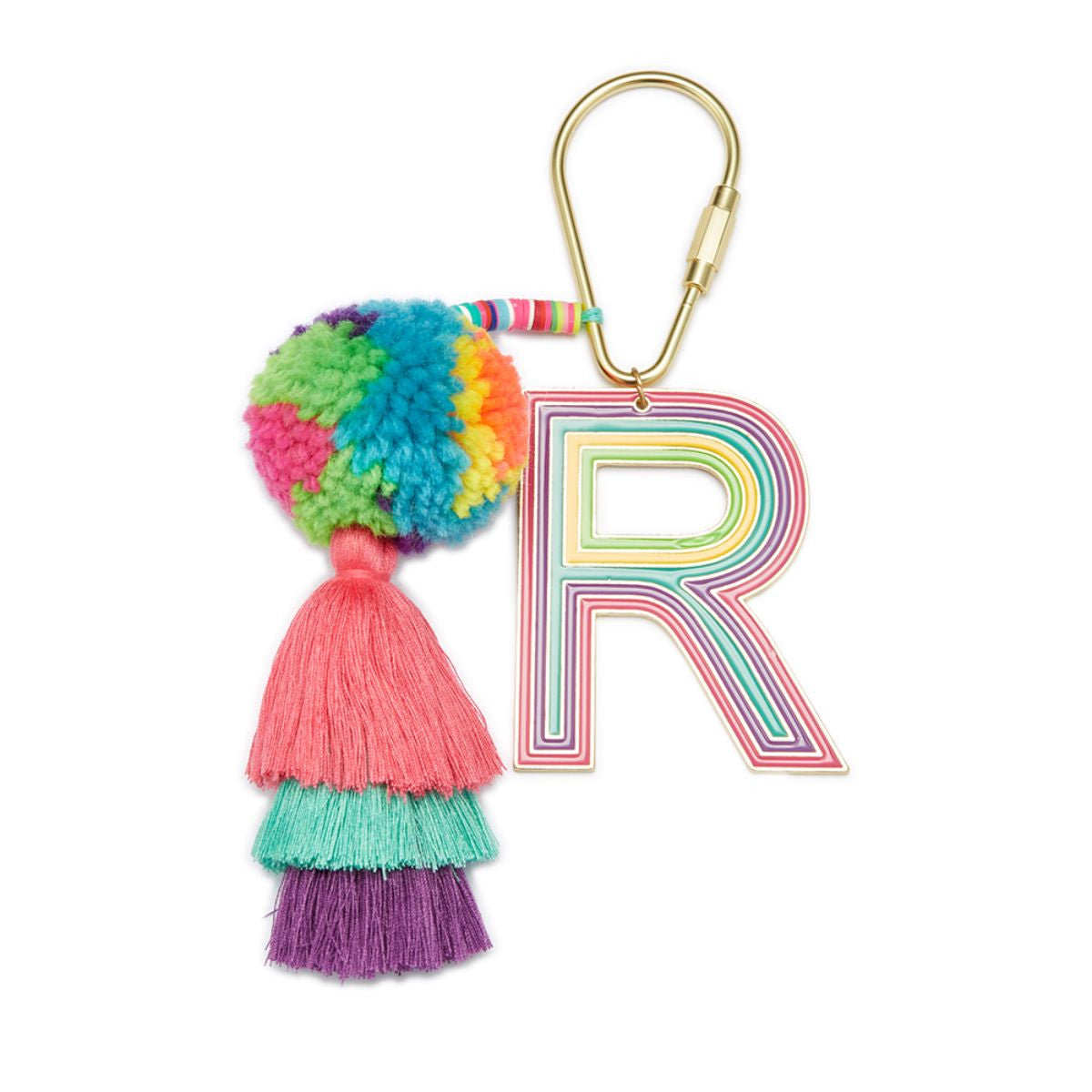 Enamel "R" With Multi Rubber Disk With Multi Large Pom & Stacked Tassel Keychain