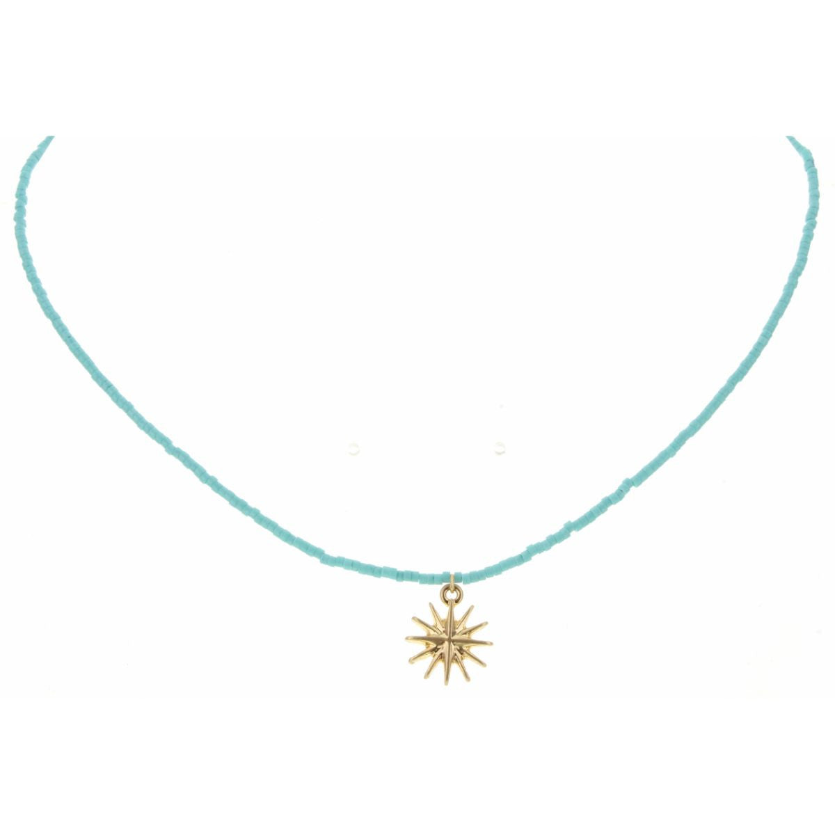 Kids 14" Turquoise Seed Bead With Sunburst Charm Necklace, 3" Ext