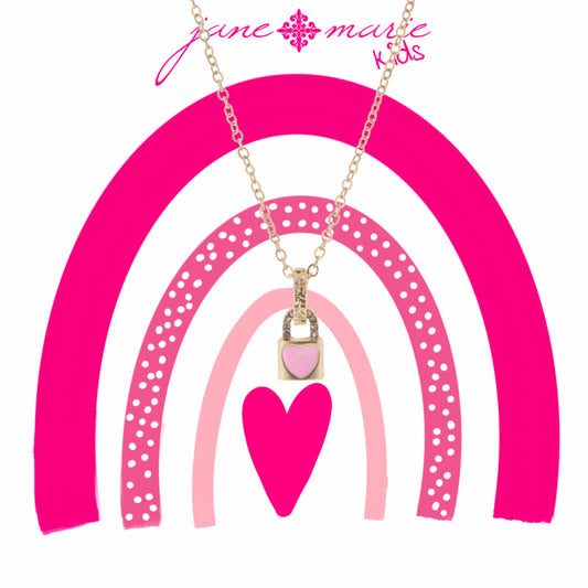 Kid's 14" Gold Lock With Pink Heart Necklace, 2" Ext