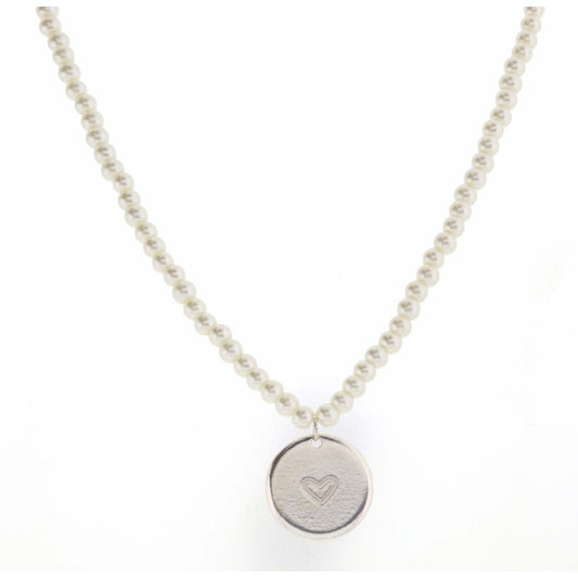 Kid's 14" Pearl Body with Silver Disk with Heart Center Necklace, 3" Ext.